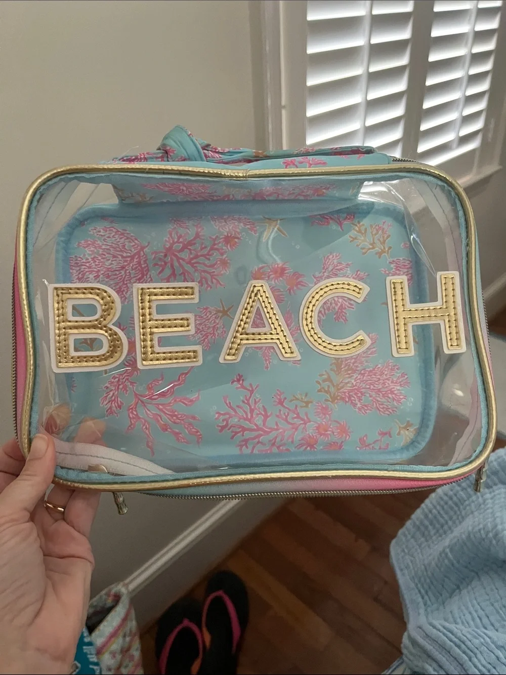 Lilly Pulitzer Clear 'BEACH' Cosmetic Bag in Aqua with Pink Coral